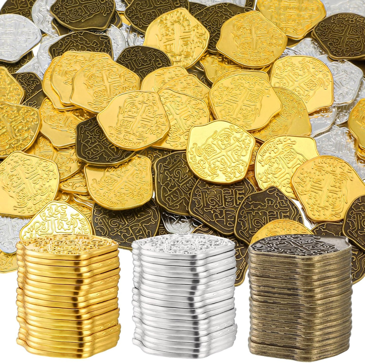 Hanaive 200 metal pirate coins in gold zinc alloy with retro pirate design - view 2