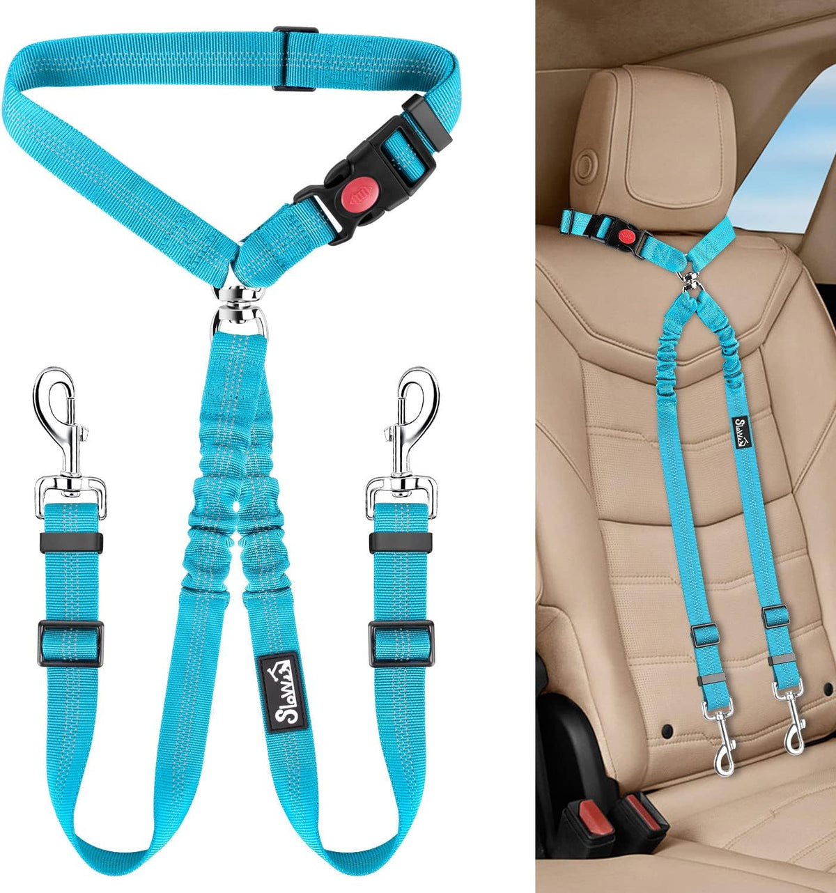 Lukovee Double Dog Car Seat Belt, No Tangle Headrest Restraint – Essentials for Dogs - Light Blue / 1 Pack