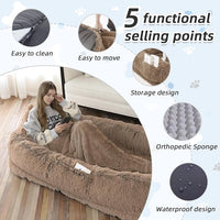 Human Dog Bed, Large Dog Beds for Humans Size Fits You and Pets, Washable Faux Fur Orthopedic Human Pet Bed for People Doze Off, Napping, Present Pillow, Blanket, Strap - Khaki