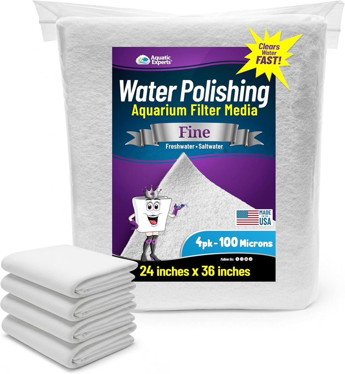 Aquatic Experts Aquarium Polishing Filter Pad - Very Fine – 100 Micron / 24" x 36" - 4 pack