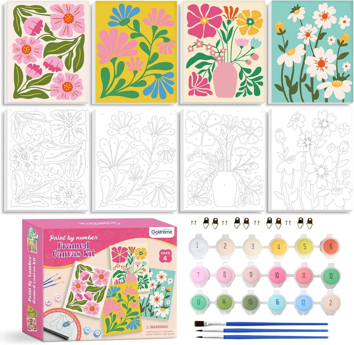 goldentime 3 Pack Kids Paint by Numbers Kit - Modern flowers