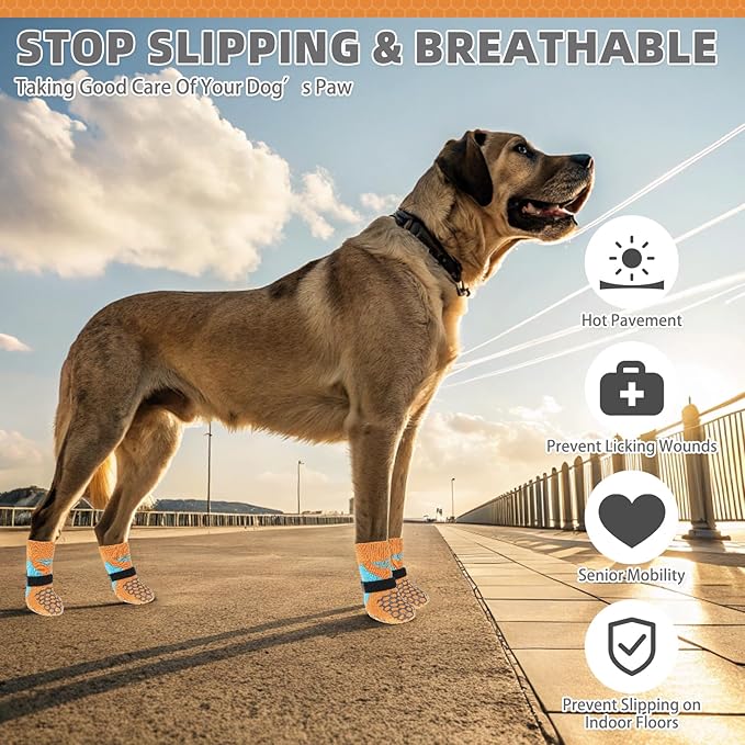 KOOLTAIL Dog Socks for Hot Pavement, Summer Breathable Dog Socks to Prevent Licking Paws, Non Slip Pet Boots&Paw Protectors for Hardwood Floor,Grippy Shoes for Small Medium Large Senior Dogs,Orange S