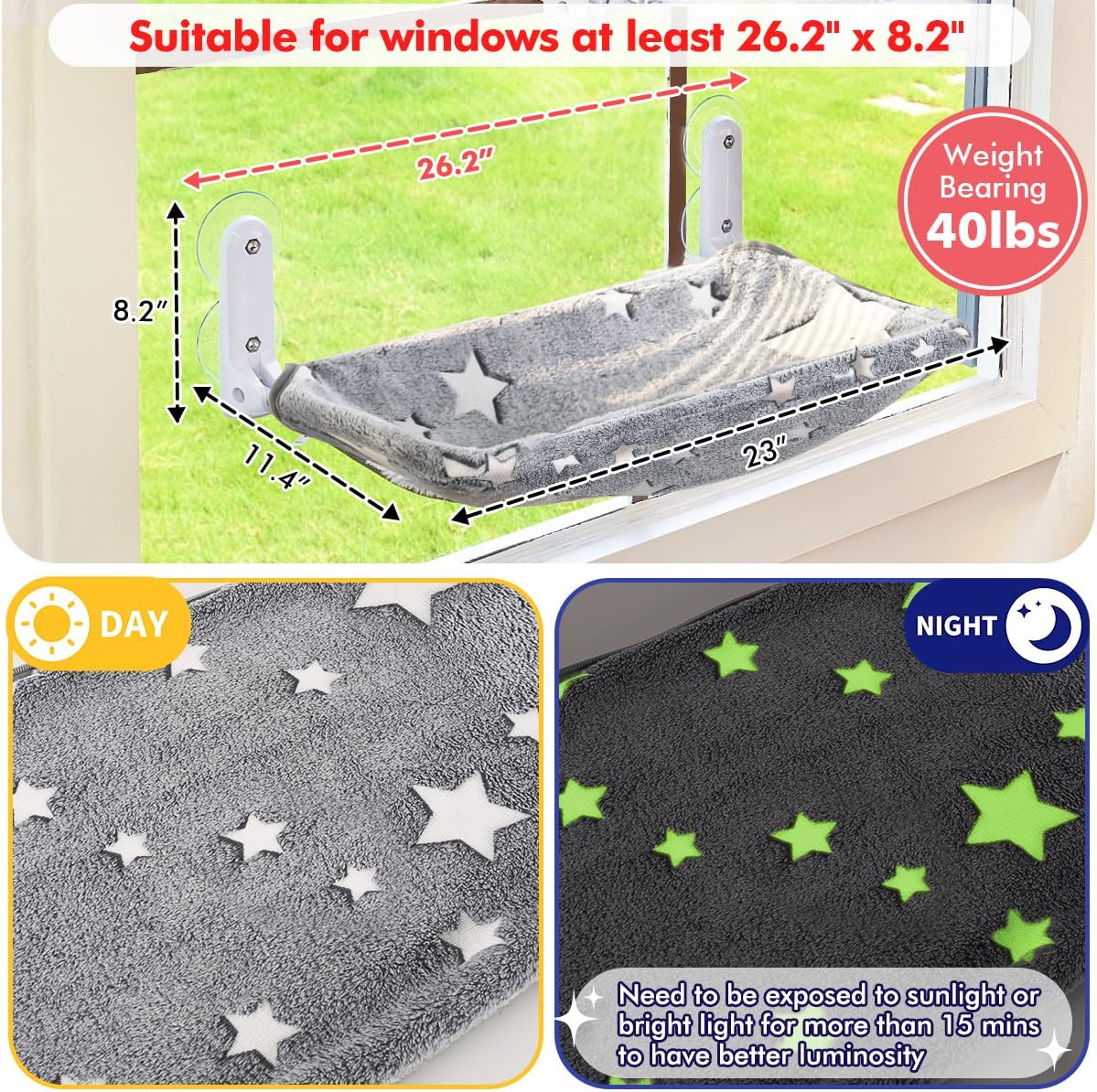 Glow in the Dark Cat Window Perch, Foldable Cordless Pet Hammock - 2PC Stars - L - image 4