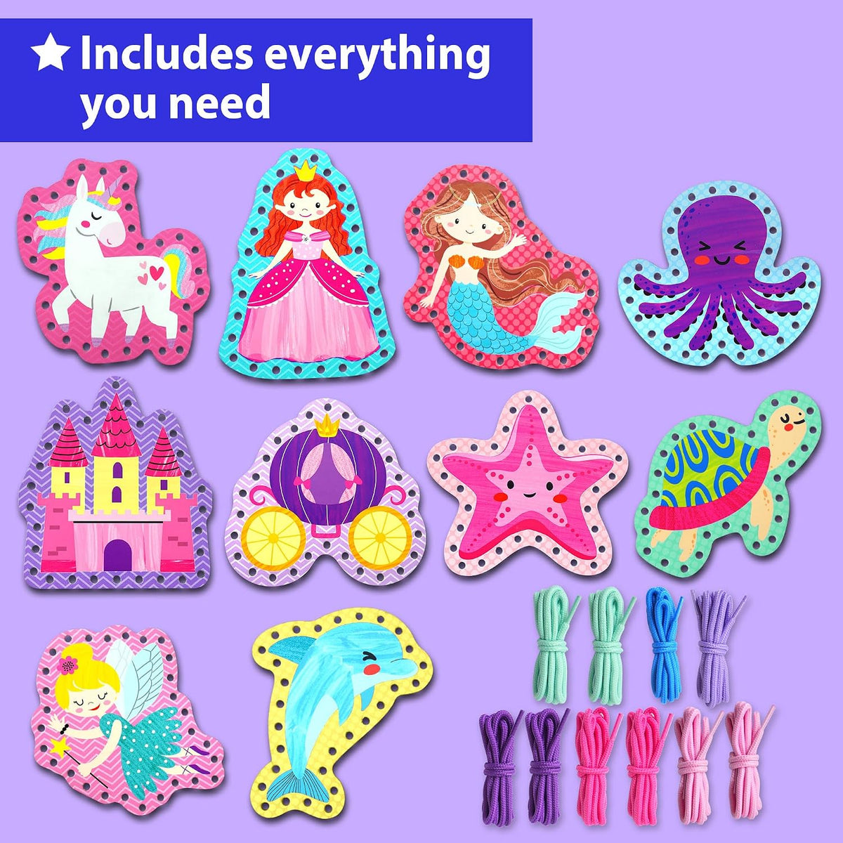 KRAFUN Princess, Unicorn & Mermaid Lacing Cards Age 3+ - Girly - Large - image 2