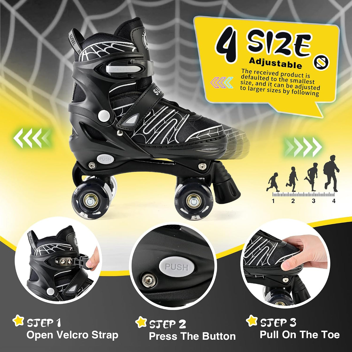 SULIFEEL Adjustable Kids Roller Skates, Light up Wheels – Fun for Kids & Family - C Spider Black / Small - Little Kid - image 2