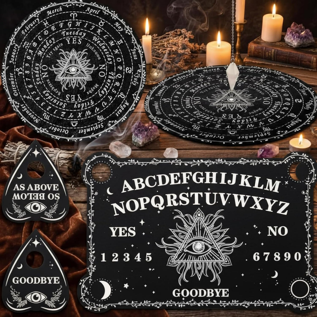 Threan Pendulum Board with Amethyst Pendulum Star Style Planchette Set – Fun for Kids & Family - Eye Style