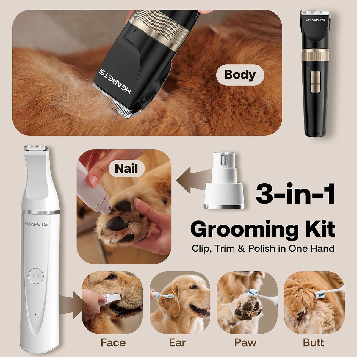 HEAPETS Dog Hair Clippers for Grooming Kit and Dog Paw Trimmer Nail - Black-white - image 2