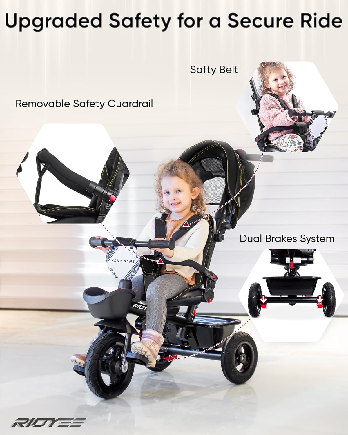 RIDYEE 7-in-1 toddler tricycle with push handle, canopy and rubber tires - view 16