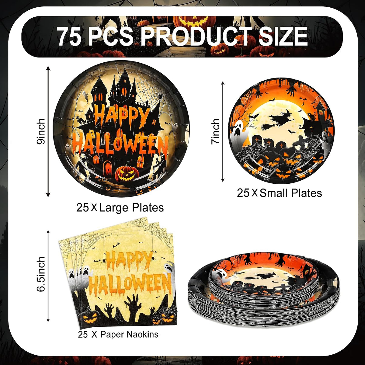 qonimi Halloween plates and napkins set, 75 piece disposable tableware - view 25