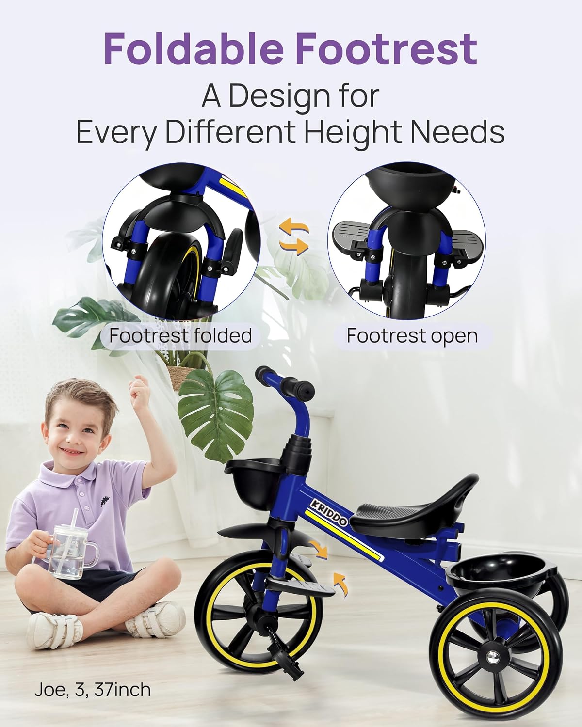 KRIDDO 2-in-1 Toddler Tricycle with Push Handle: Ages 18 Months to 5 - Blue - image 4