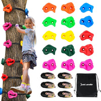 Just.smile tree climbing holds kit with 15 colorful climbing rocks and ratchet straps on a tree