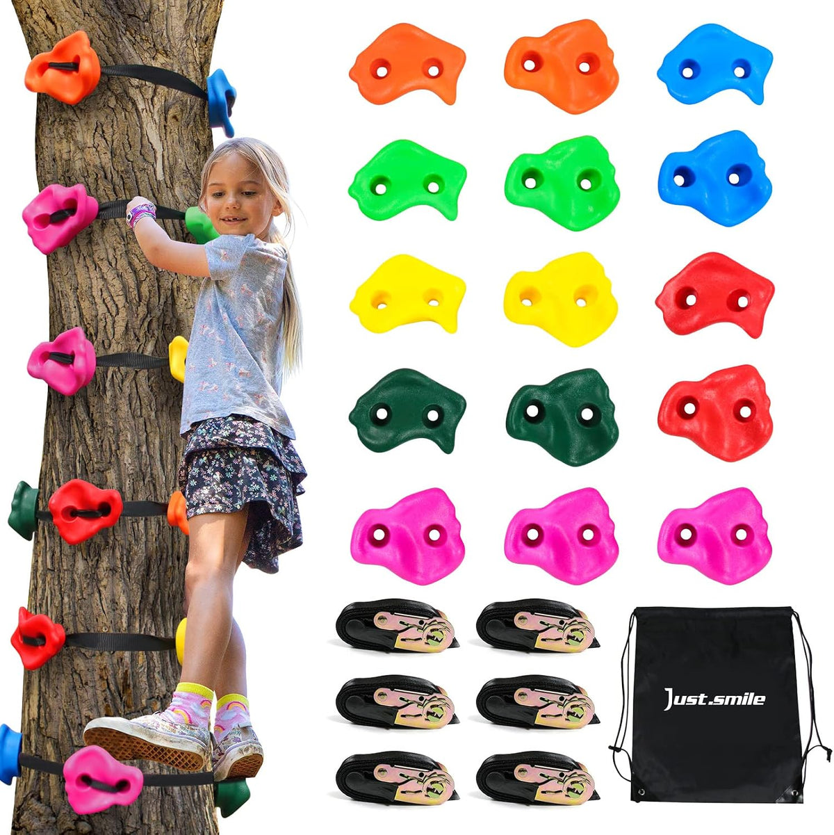 Just.smile tree climbing holds kit with 15 colorful climbing rocks and ratchet straps on a tree