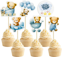 Gyufise 36Pcs Baby Shower Bear Cupcake Toppers Moon Baby Bear Baby - Blue Coffee