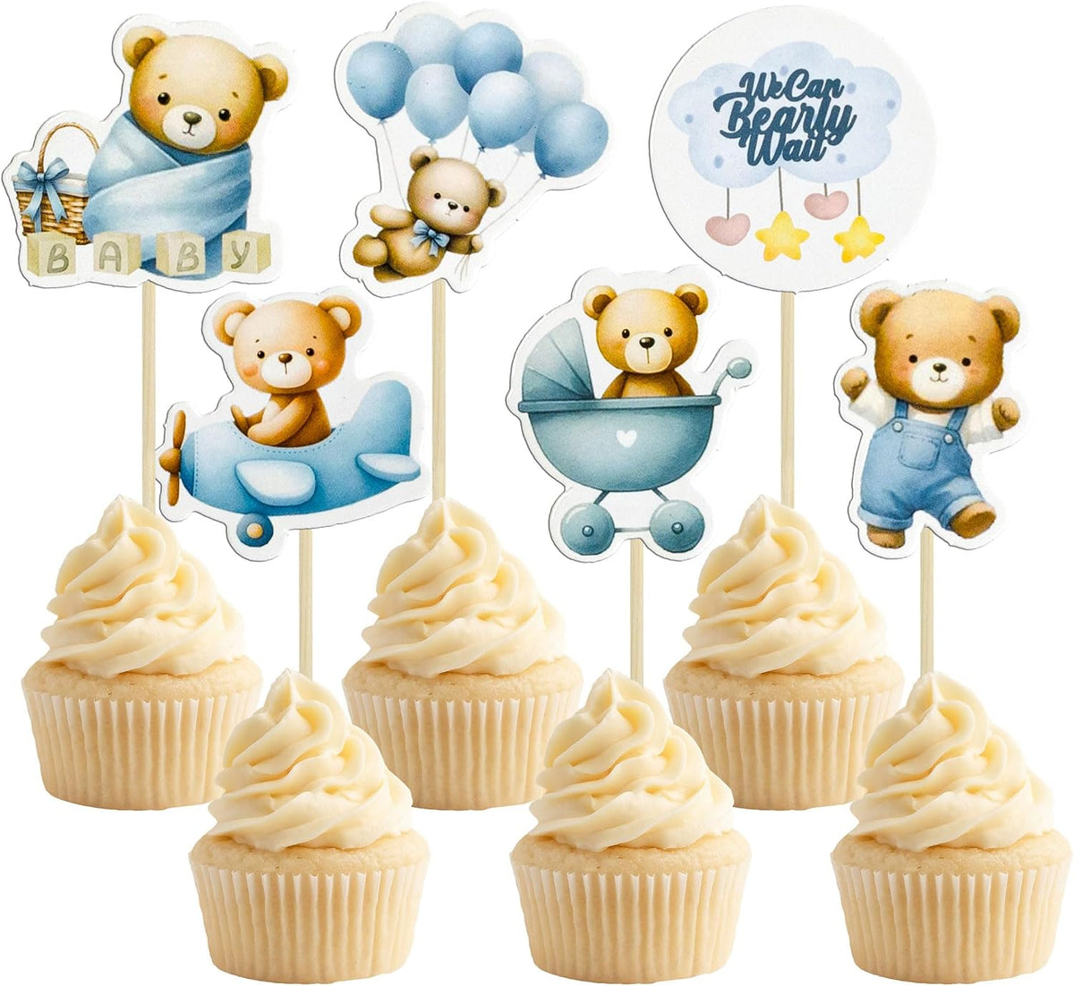 Gyufise 36Pcs Baby Shower Bear Cupcake Toppers Moon Baby Bear Baby - Blue Coffee