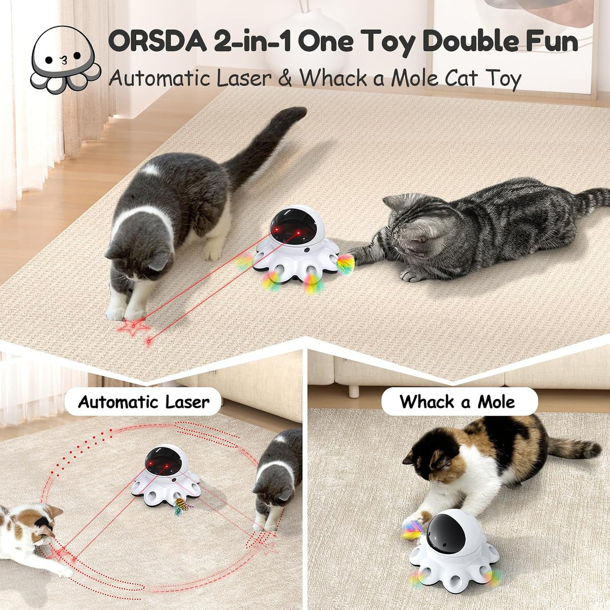 ORSDA Cat Laser Toy, 2-in-1 Interactive Automatic Motion Activated Moving 8 Holes Whack A Mole - Cool Black (1 Count) - image 2