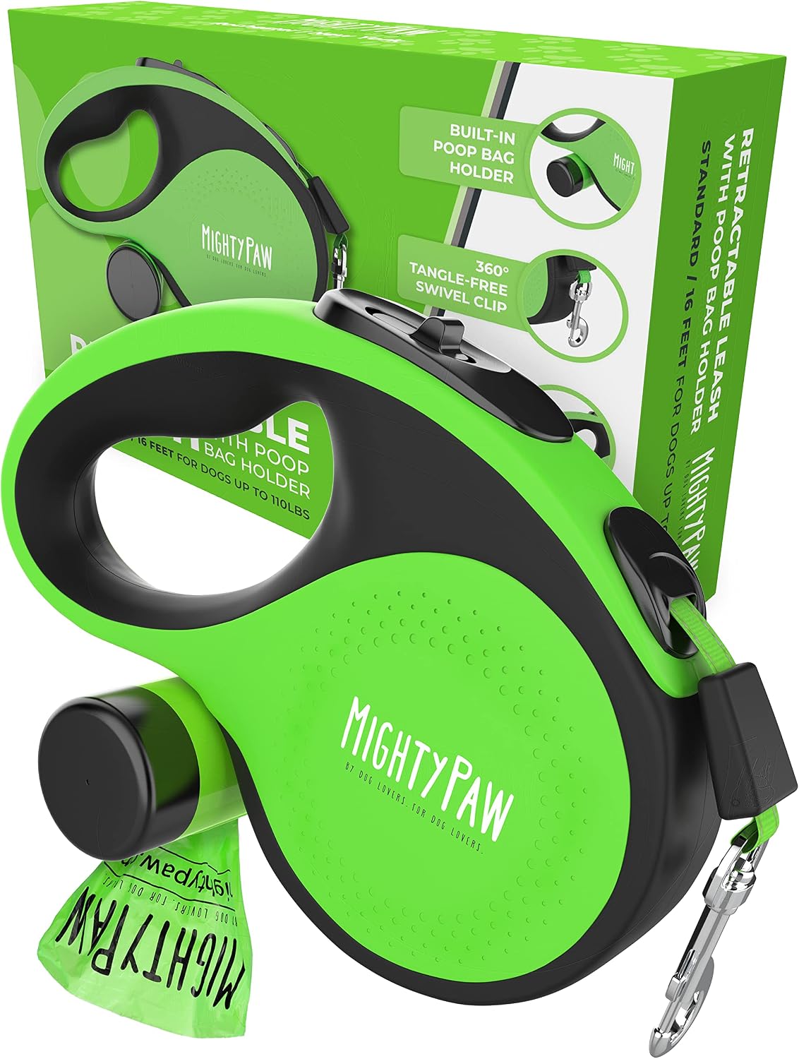 Mighty Paw Retractable Dog Leash, for Large Dogs, Auto-Locking - Deluxe Green / 0 - 50 lbs