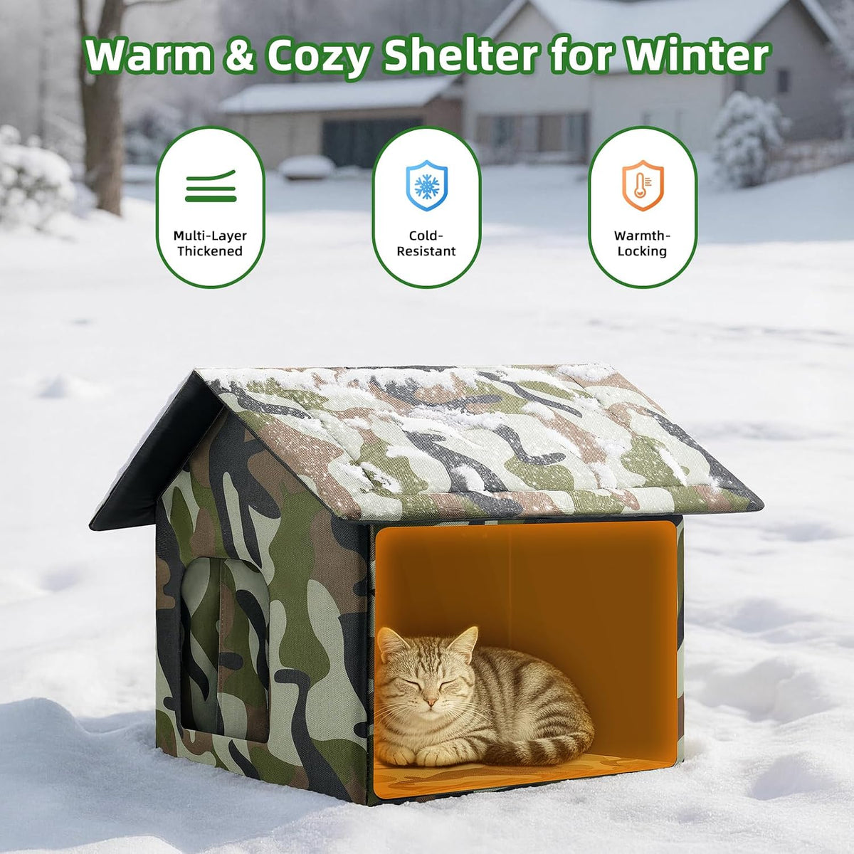 Outdoor Cat House Weatherproof, Large Feral Cat House for Winter - Camouflage / 14.17" x 13.78" x 15.35" - image 4