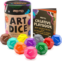 Insplore art prompt dice, ten colorful 12-sided beech wood dice with canister