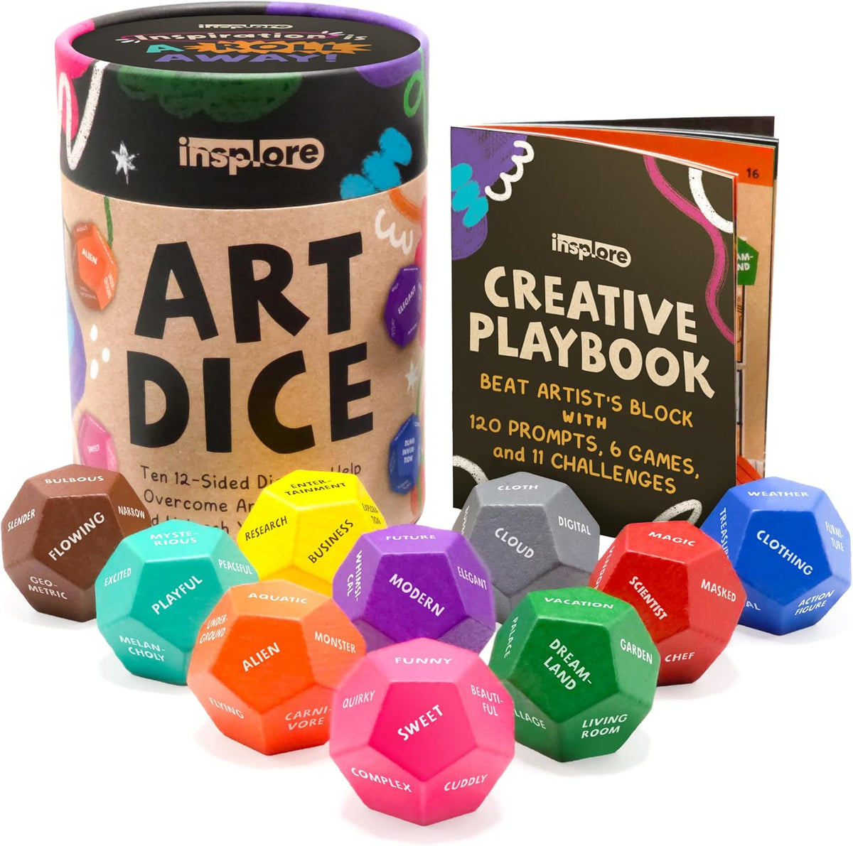 Insplore art prompt dice, ten colorful 12-sided beech wood dice with canister