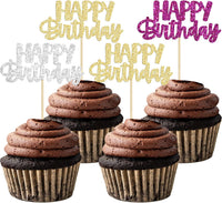 Gyufise 24Pcs Happy Birthday Cupcake Toppers Gold Glitter Celebrating - Purple Gold Silver