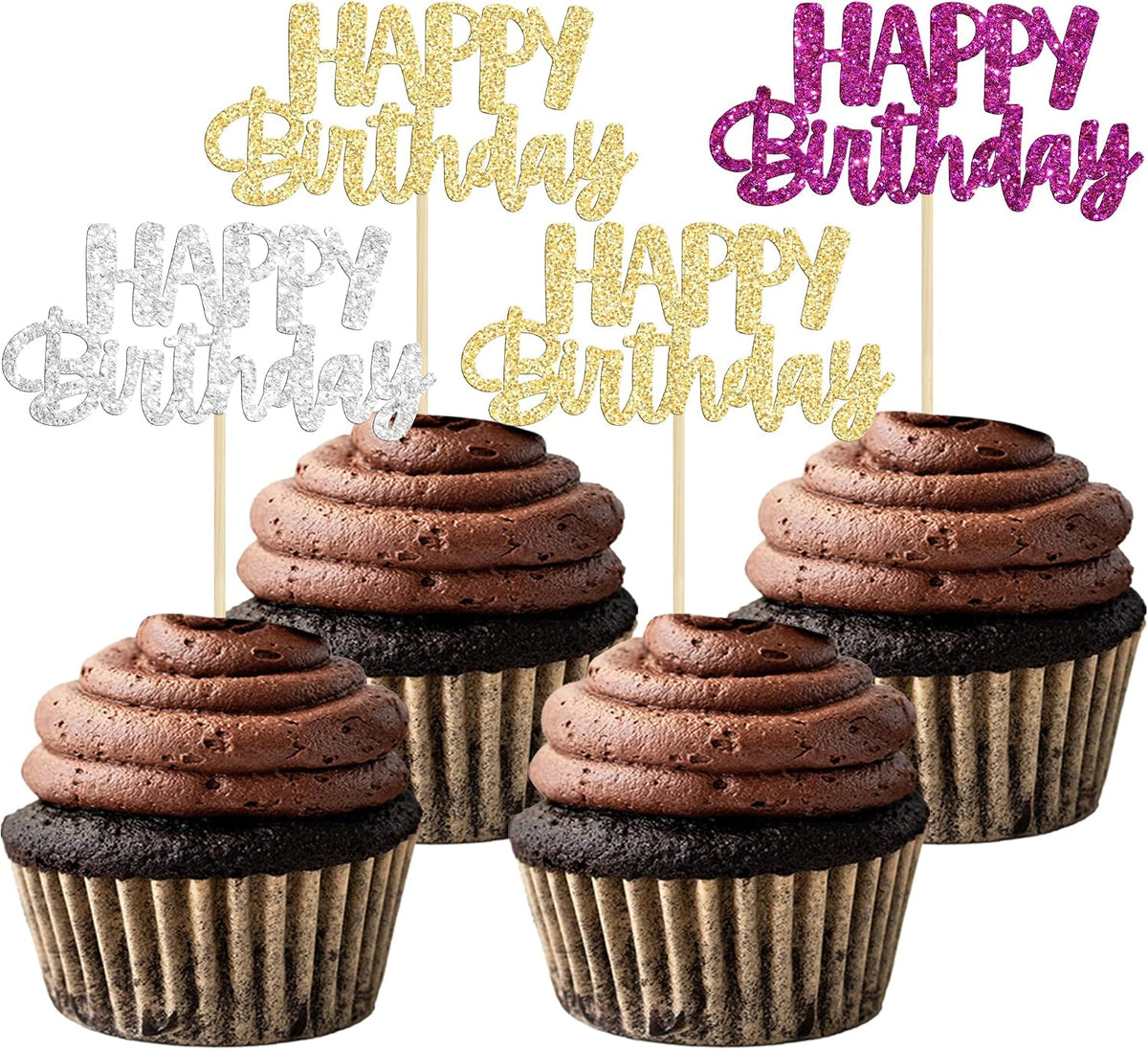 Gyufise 24Pcs Happy Birthday Cupcake Toppers Gold Glitter Celebrating - Purple Gold Silver