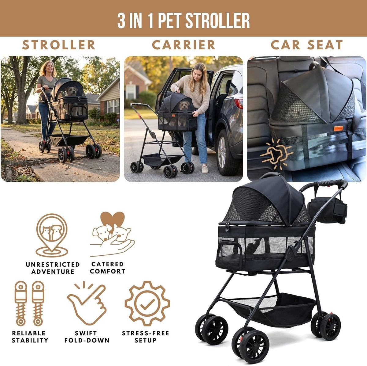 Bicystar 3 in 1 Pet Stroller, Cat Stroller w/Detachable Carrier - image 3