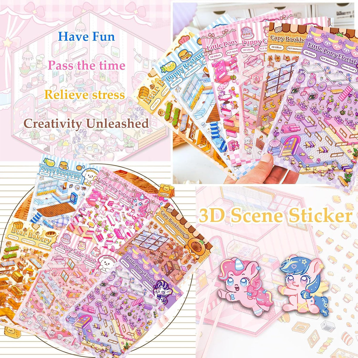 Xuoent 3D scene sticker book with mini kawaii scenes and tweezers - view 7