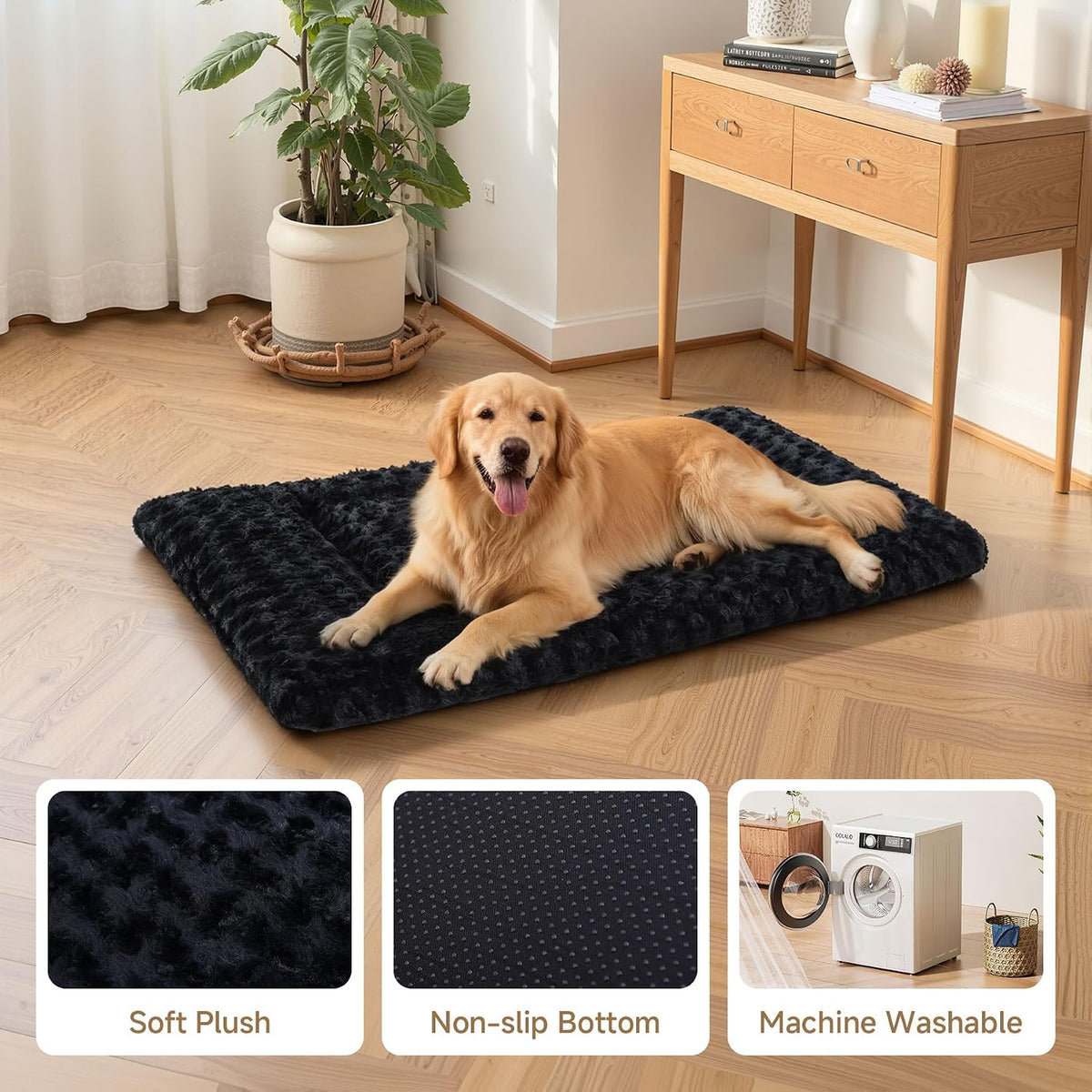 Exsnugy Washable Dog Bed Mat Medium Size Fluffy Pet Crate Pad 36x23 – Essentials for Dogs - Black / 36.00" x 23.00" x 1.50" - image 4