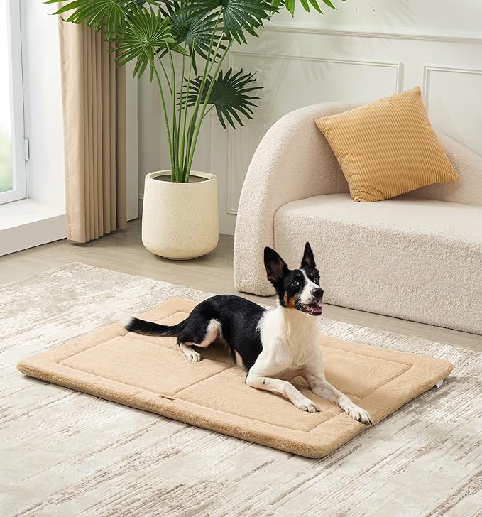Made4Pets Dog Crate Pad Bed for Large Dogs, Washable & Reversible, Anti-Slip Kennel Mat for Cozy Sleeping, Soft Fluffy Dog Bed for Indoor & Outdoor Use, 44"x32", Khaki