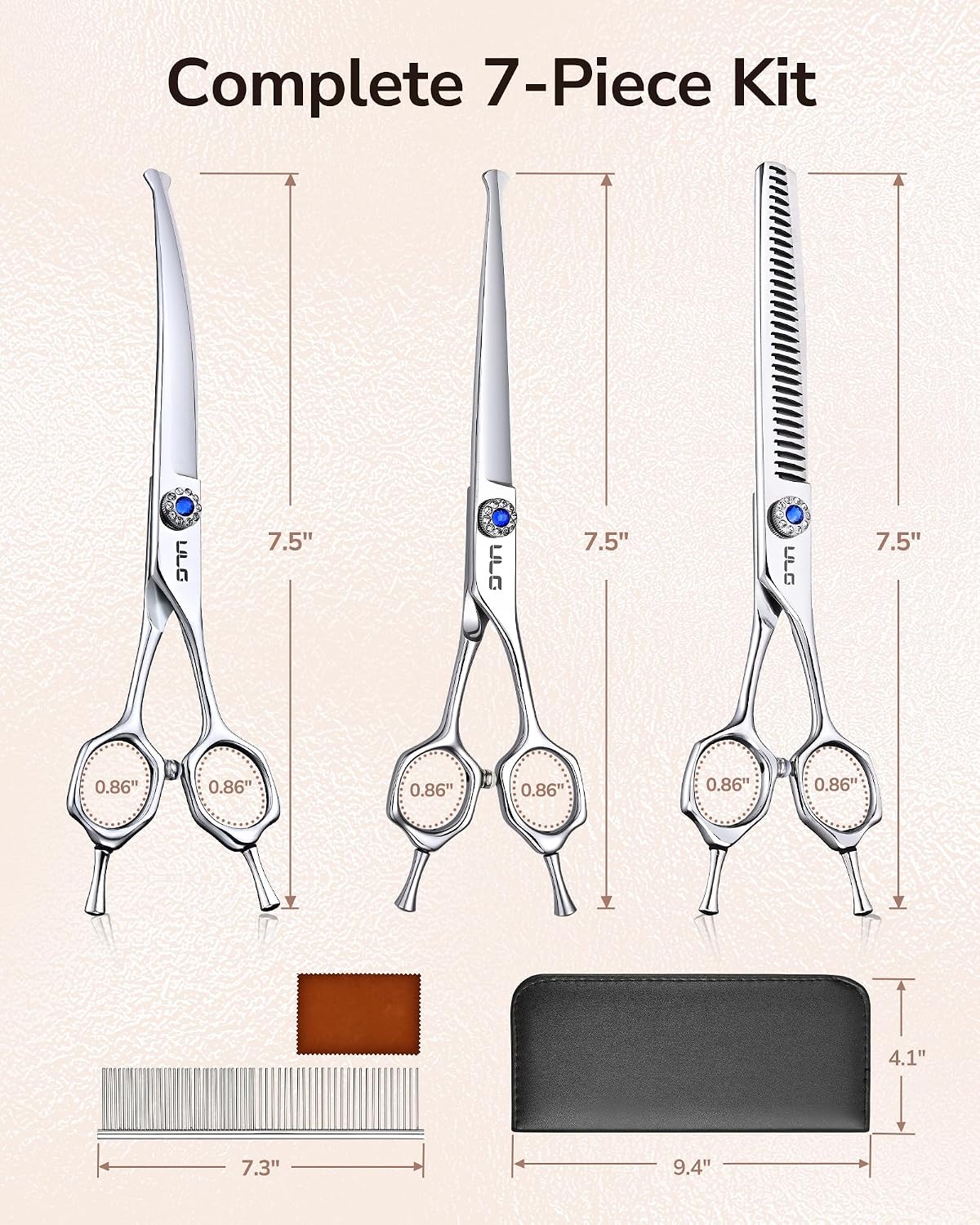 ULG Curved Dog Grooming Shears, 440C Stainless Steel - 4pcs SnagFree with Pouch - image 2
