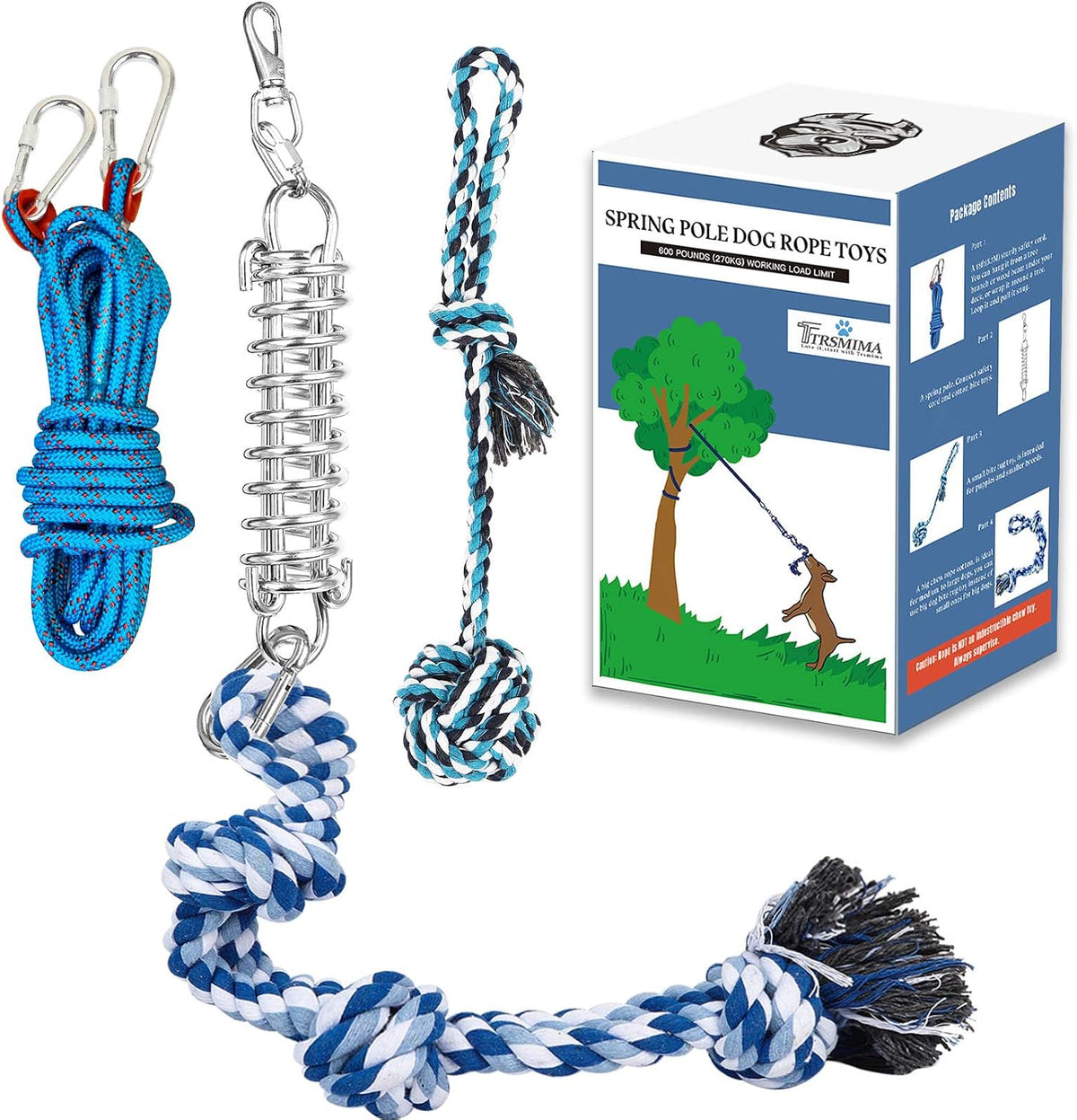 TRSMIMA Spring Pole Rope Toys, Spring Pole for Dogs Heavy Duty - Blue