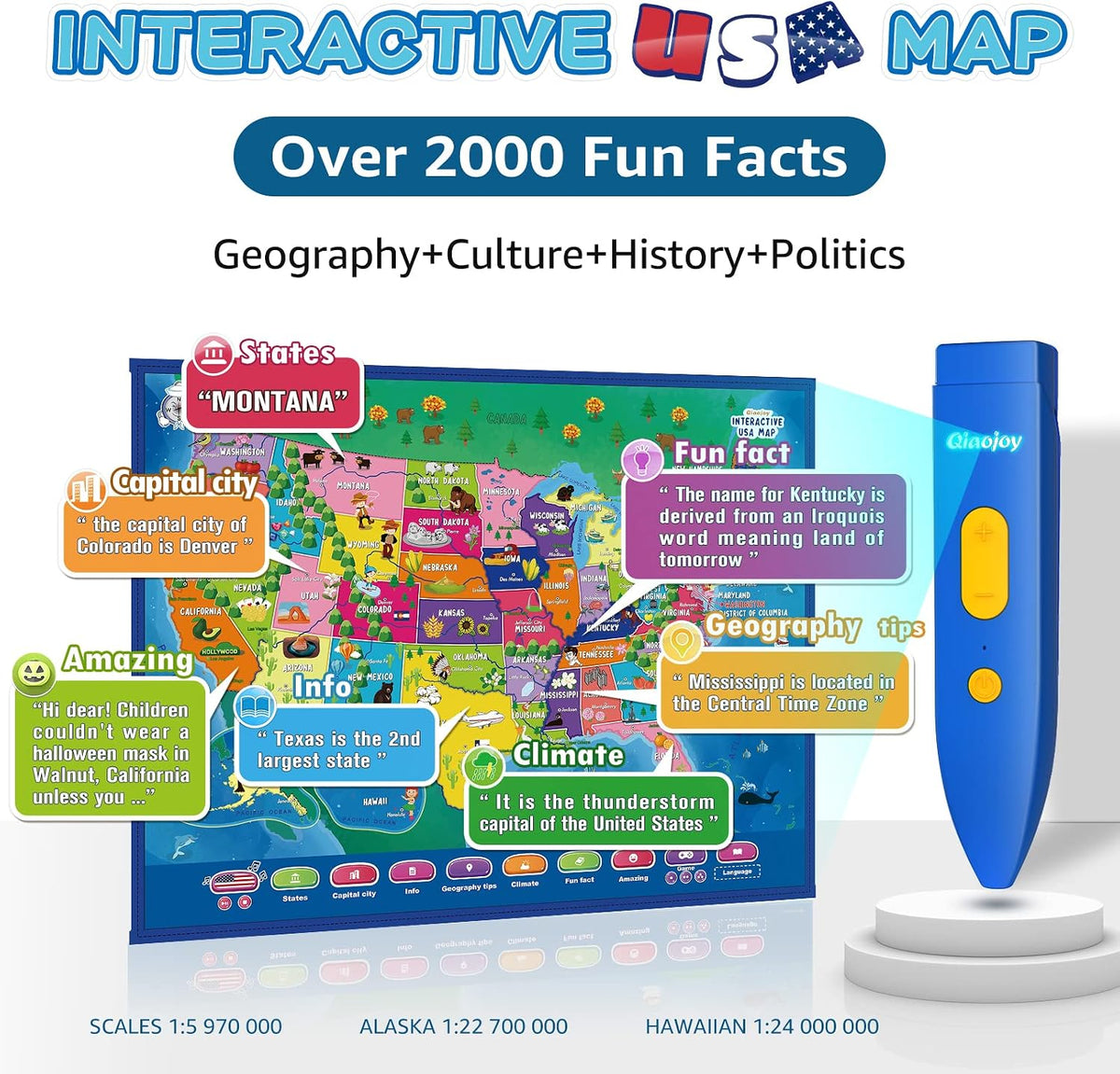 Qiaojoy Bilingual Interactive World Map for Kids Learning Educational - USA & World Map - image 4