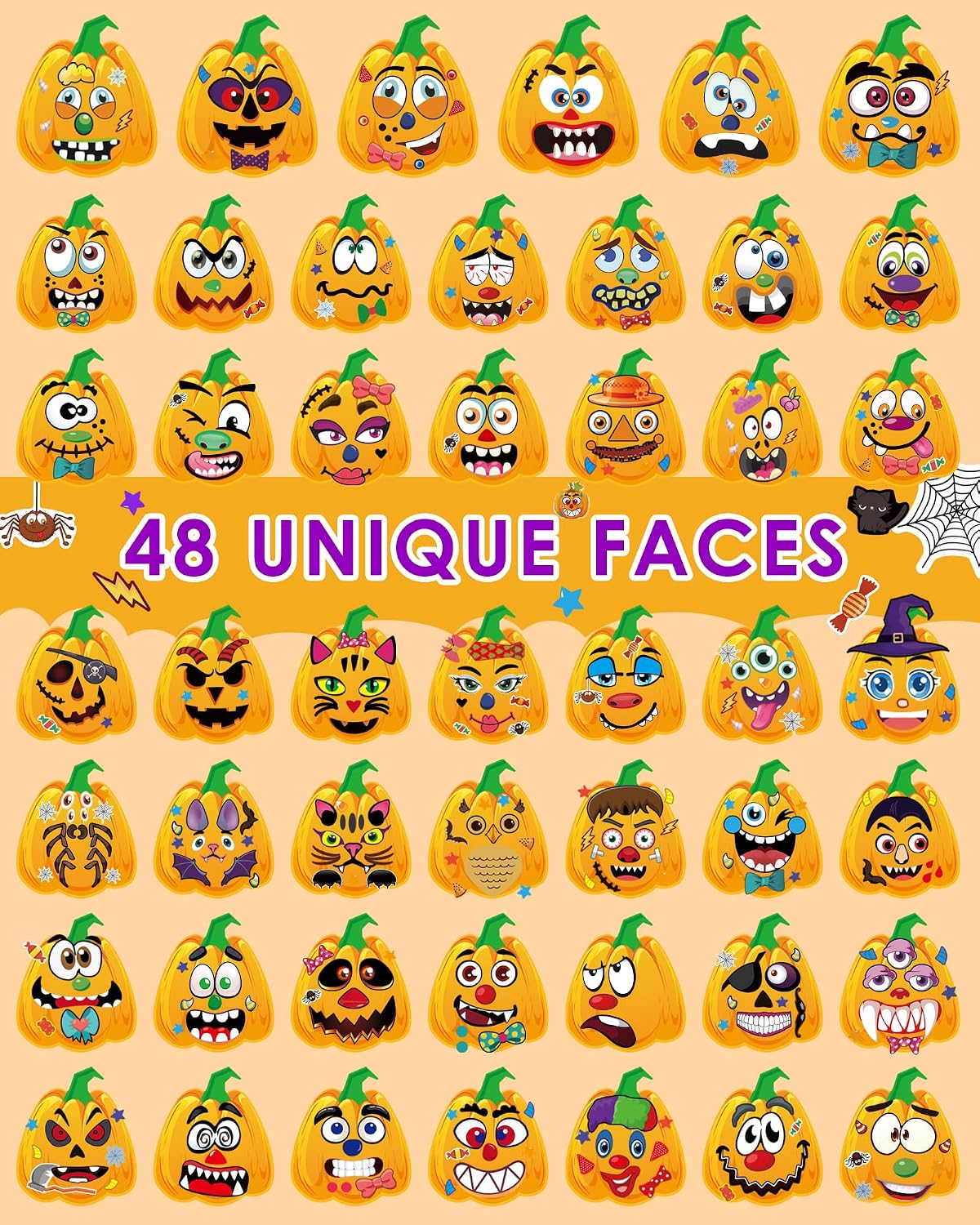 Aowplc Halloween pumpkin face stickers for kids, 32 small faces on vinyl sheets - view 10