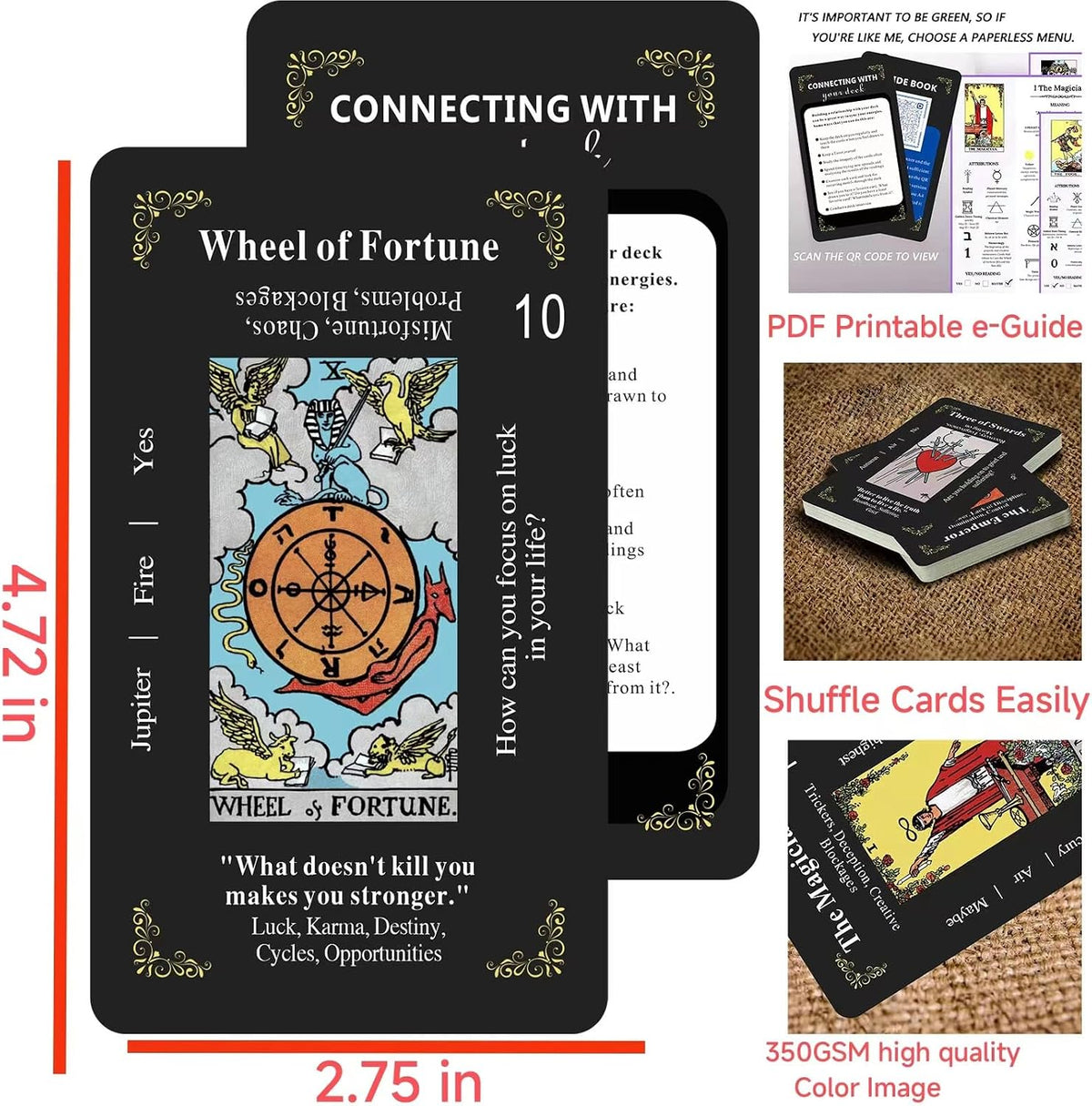 Classic tarot cards for beginners, 78-card black deck with meanings and keywords printed on each car - view 3