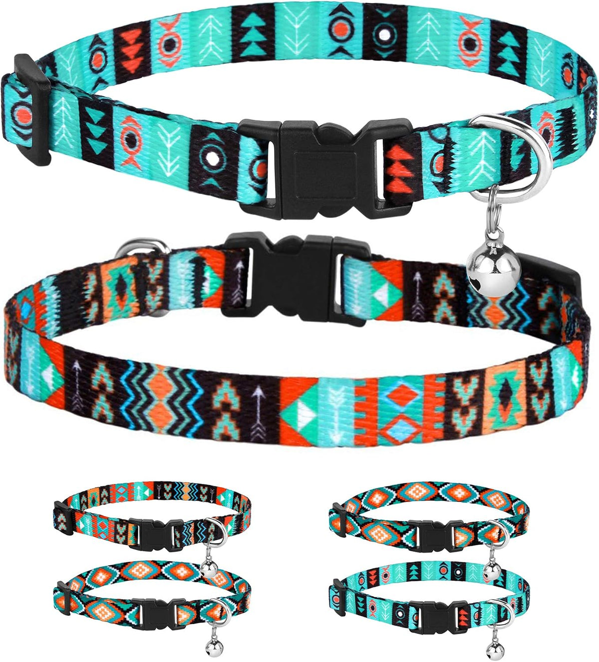 Tribal Aztec Cat Collar 2-Pack, Breakaway with Bell – Essentials for Cats - Ethnic & Tribal, 2-Pack, 7-11"