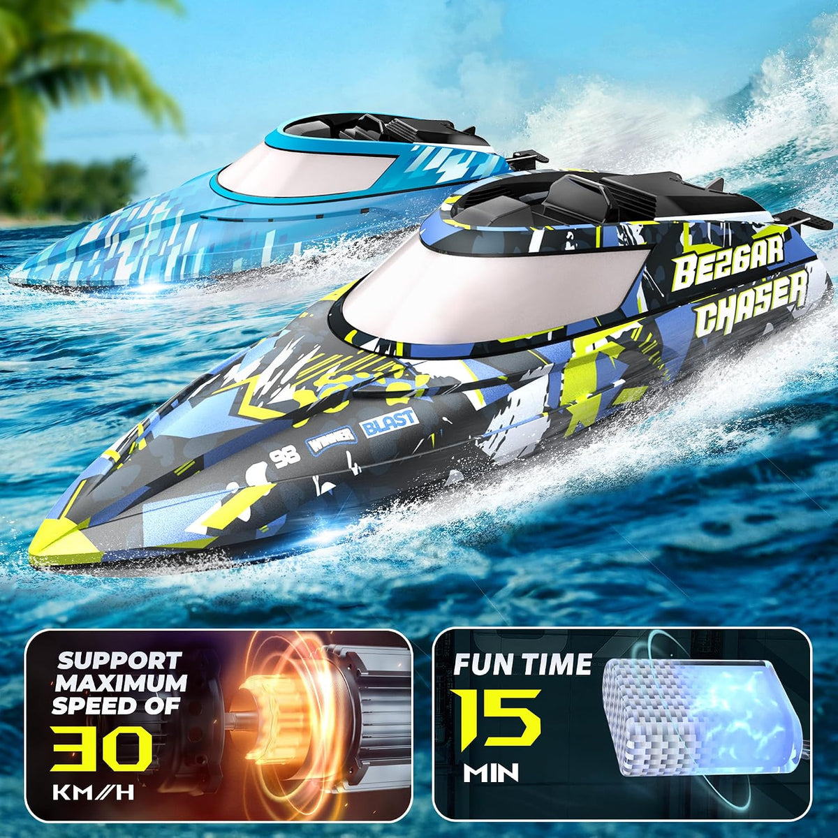 BEZGAR TX2P1,2 Packs 30 KPH RC Boats with Suitcase for Kids – Fun for Kids & Family - Blue - image 2