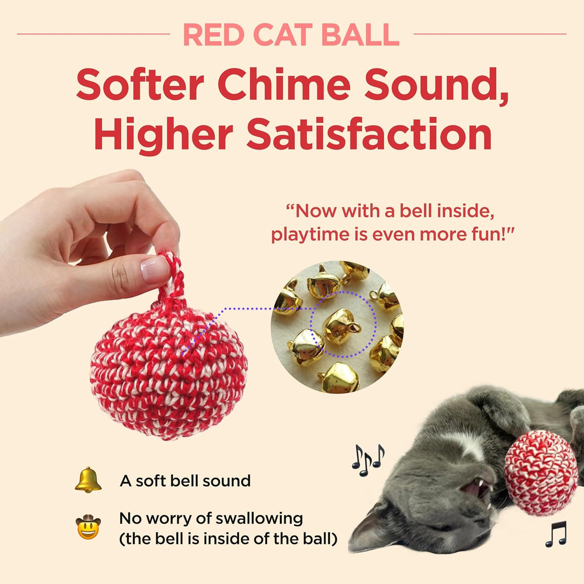 JAYU PET Red Cat Ball, 2.7 inch – Essentials for Cats - W/ Bell / 2.7inch - image 4