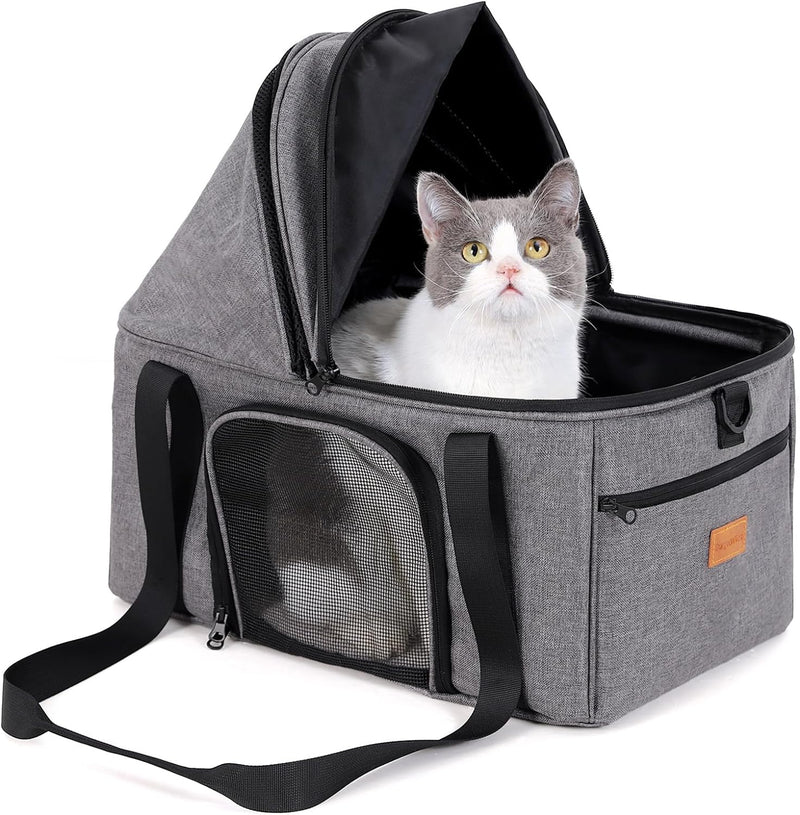 BurgeonNest Top-Expandable Cat Carrier with Semi-Open Canopy - Grey / Large