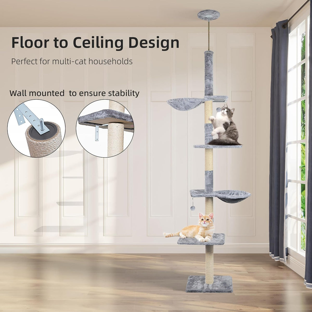 Adjustable 93"-116" Tall Cat Climbing Tree 5-Tier Kitty Activity - Tall / Grey 1 - image 2