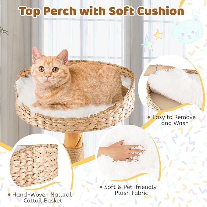 Tangkula Cat Tree Tower, Solid Wood Modern Cat Tower with Top Cattail Basket Bed, Side Perch, Large Platform & Condo, Cute Cat Tree with Scratching Posts for Indoor Cats Large Adult