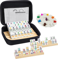 Mexican Train Dominoes Set with Numbers and 4 Wooden Trays/Racks - D12 Numbers 4 Players