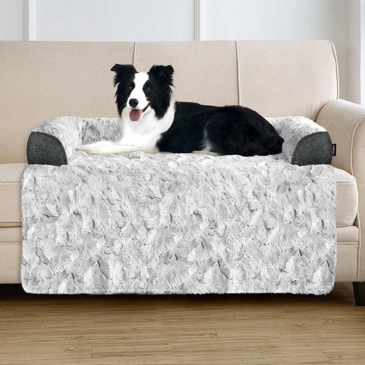 Calming Dog Bed for Couch with Cozy Raised Edge - Grey / 41"L x 37"W x 5"Th