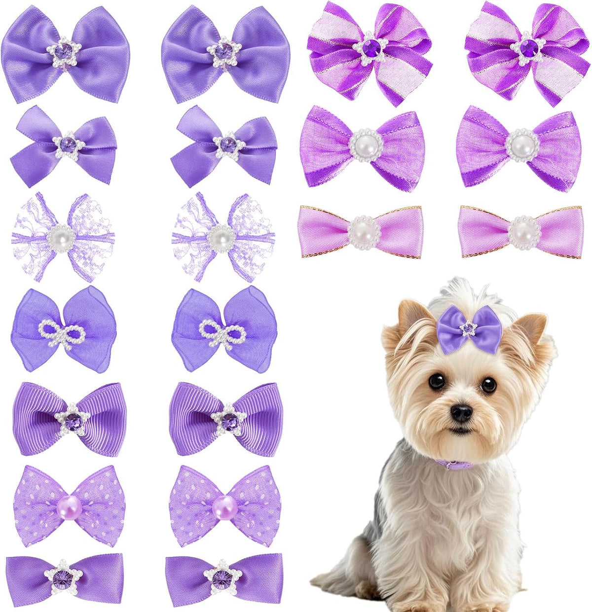 20PCS Cute Dog Hair Bows with Rubber Bands Handmade Mix Style - Purple / Lovely Pattern