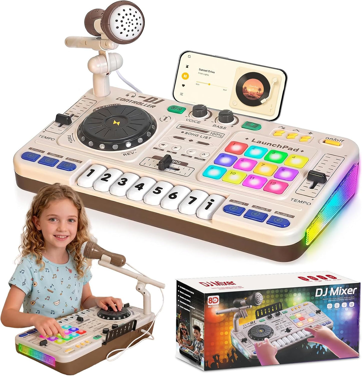 Tsomtto Kids DJ Mixer Table Musical Toy with Lights & Bluetooth – Fun for Kids & Family - White Kids DJ Mixer Table
