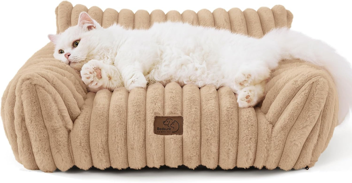 Bedsure ComfyFleece Shown on TV Fluffy Cute Cat Couch for Pets - 24x18x10" / Sandy Beige