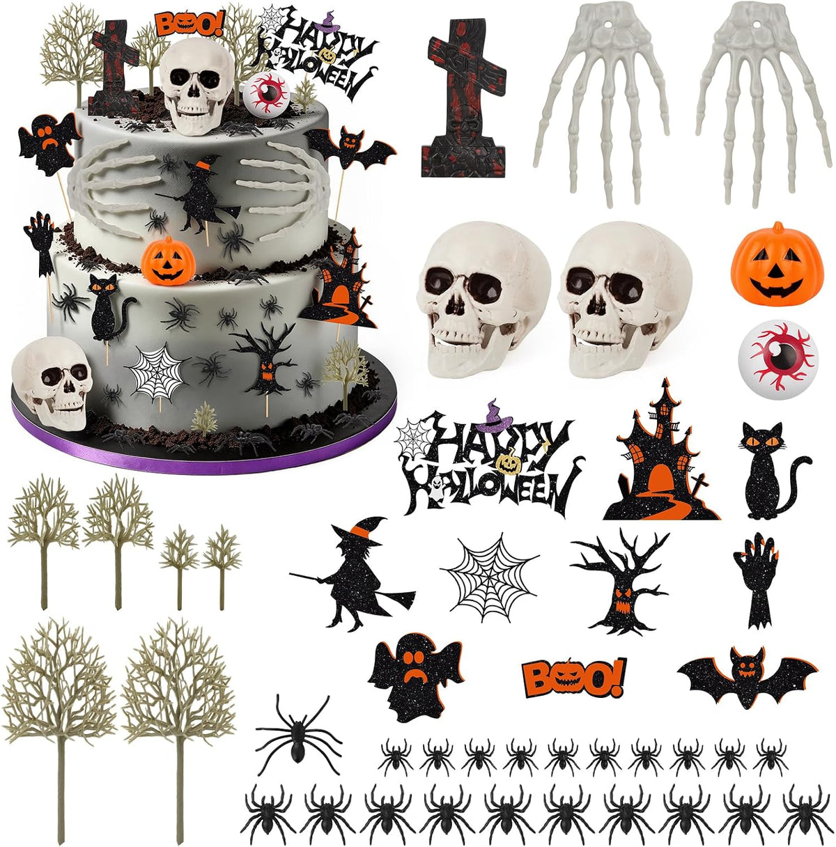 Hooqict 43 piece Halloween cake topper set with sign, tombstone, skulls, trees and spiders - view 10