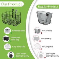Aodaer Bike Basket with Removable Liner Bag Cargo Net Large Folding Bike Basket Quick Release Metal Ebike Basket Bicycle Storage Basket for Carrying Fruit & Grocery Pets Dogs