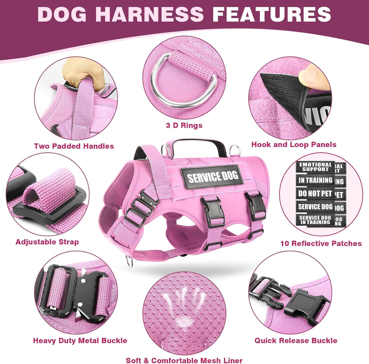 WINSEE Tactical Dog Harness with Dog Leash - X-Large / Pink - image 4