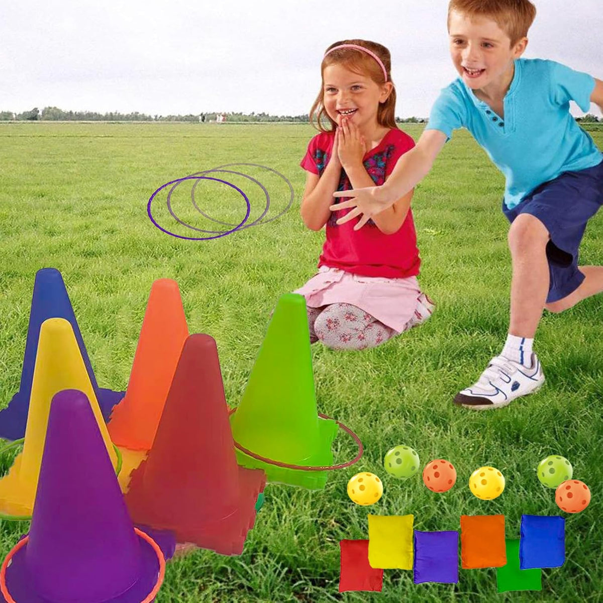 Aykzaqe outdoor games set for kids with traffic cones, colorful rings and bean bags - view 8