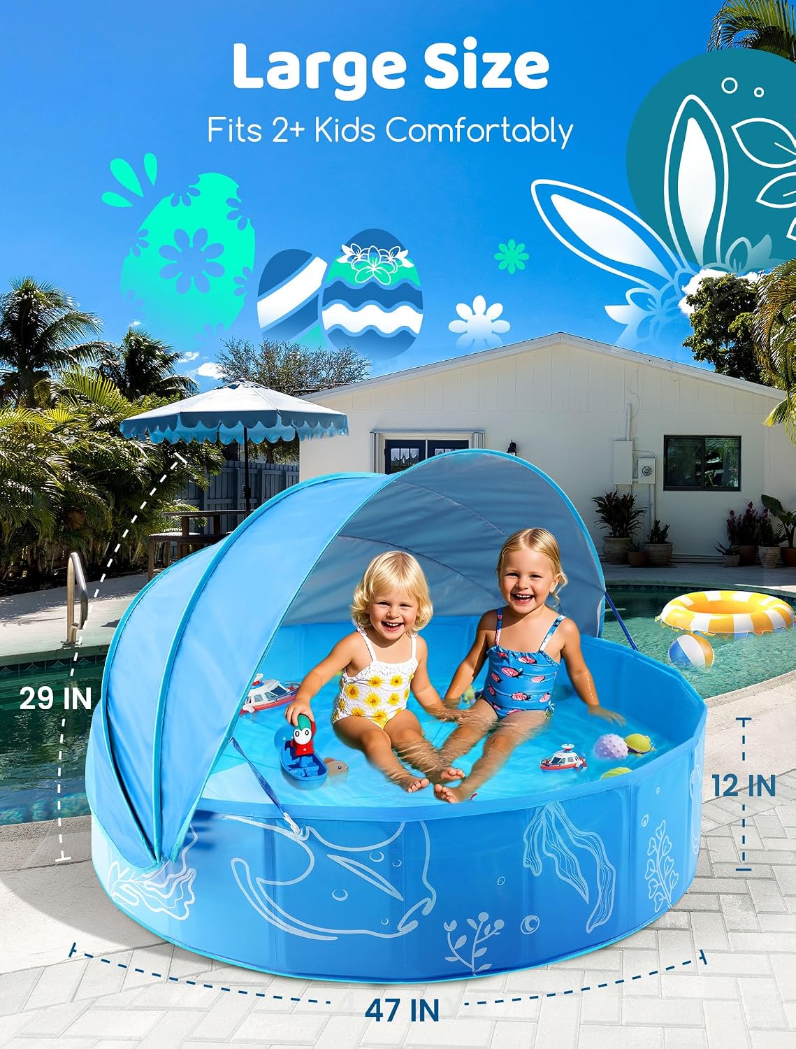 Hikiddy Foldable Kiddie Pool with Canopy: Baby Infant Toddler Kids - Blue-blue / 47in - image 2